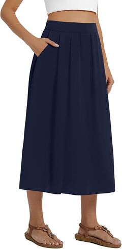 DouBCQ Midi Skirt for Women Summer Pleated A Line High Waisted Flared Skirts with Pockets in Saudi Arabia