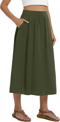 DouBCQ Midi Skirt for Women Summer Pleated A Line High Waisted Flared Skirts with Pockets in Saudi Arabia
