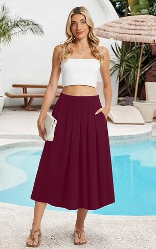 DouBCQ Midi Skirt for Women Summer Pleated A Line High Waisted Flared Skirts with Pockets in Saudi Arabia
