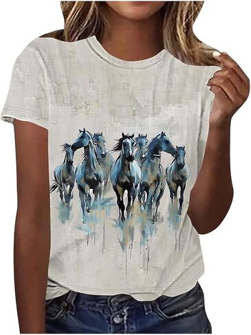 Womens Horse Racing Tops Short Sleeve Summer Retro Tshirts Crew Neck Graphic Tee Shirt Stylish Workout Tunics in Kuwait
