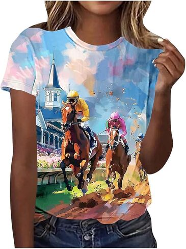 Womens Horse Racing Tops Short Sleeve Summer Retro Tshirts Crew Neck Graphic Tee Shirt Stylish Workout Tunics in Saudi Arabia