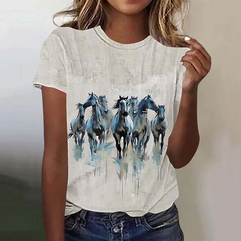Womens Horse Racing Tops Short Sleeve Summer Retro Tshirts Crew Neck Graphic Tee Shirt Stylish Workout Tunics in Kuwait