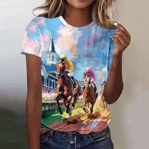 Womens Horse Racing Tops Short Sleeve Summer Retro Tshirts Crew Neck Graphic Tee Shirt Stylish Workout Tunics in Saudi Arabia