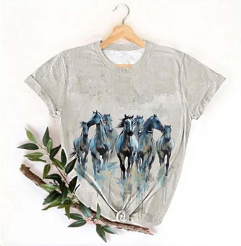 Womens Horse Racing Tops Short Sleeve Summer Retro Tshirts Crew Neck Graphic Tee Shirt Stylish Workout Tunics in Kuwait