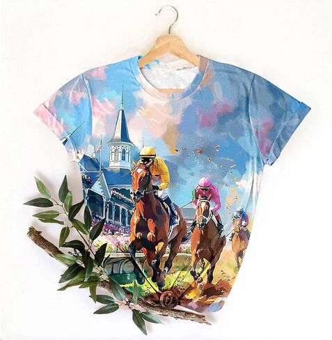 Womens Horse Racing Tops Short Sleeve Summer Retro Tshirts Crew Neck Graphic Tee Shirt Stylish Workout Tunics in Saudi Arabia