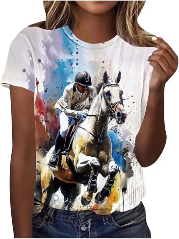 Womens Horse Racing Tops Short Sleeve Summer Retro Tshirts Crew Neck Graphic Tee Shirt Stylish Workout Tunics in Kuwait
