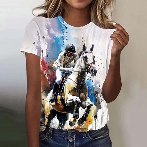 Womens Horse Racing Tops Short Sleeve Summer Retro Tshirts Crew Neck Graphic Tee Shirt Stylish Workout Tunics in Kuwait