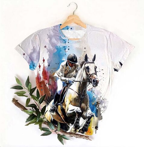 Womens Horse Racing Tops Short Sleeve Summer Retro Tshirts Crew Neck Graphic Tee Shirt Stylish Workout Tunics in Kuwait
