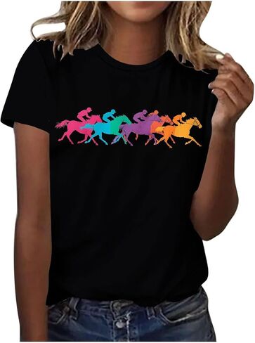 Women Horse Racing Tops Short Sleeve Vintage Shirts Summer Funny Graphic Tees Summer Blouses Holiday Workout Clothes in Saudi Arabia