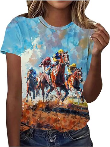 Womens Horse Racing Tops Short Sleeve Summer Retro Tshirts Crew Neck Graphic Tee Shirt Stylish Workout Tunics in Kuwait