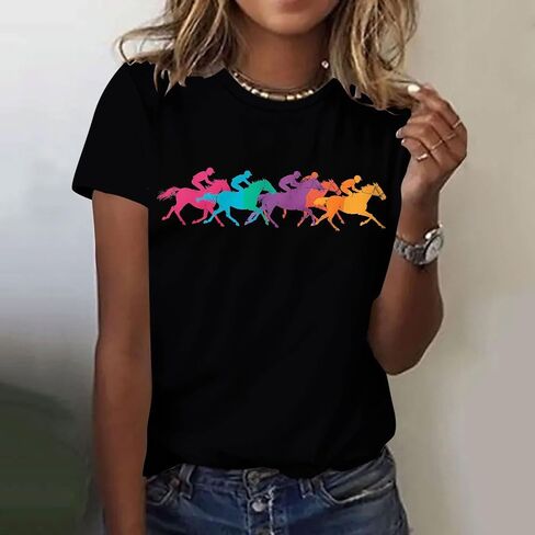 Women Horse Racing Tops Short Sleeve Vintage Shirts Summer Funny Graphic Tees Summer Blouses Holiday Workout Clothes in Saudi Arabia
