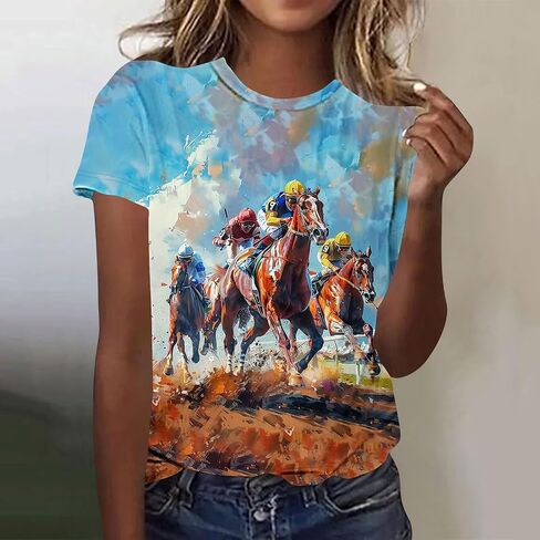 Womens Horse Racing Tops Short Sleeve Summer Retro Tshirts Crew Neck Graphic Tee Shirt Stylish Workout Tunics in Kuwait