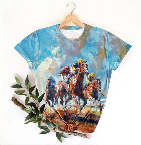 Womens Horse Racing Tops Short Sleeve Summer Retro Tshirts Crew Neck Graphic Tee Shirt Stylish Workout Tunics in Kuwait