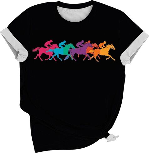 Women Horse Racing Tops Short Sleeve Vintage Shirts Summer Funny Graphic Tees Summer Blouses Holiday Workout Clothes in Saudi Arabia