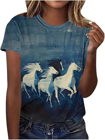 Womens Horse Racing Tops Short Sleeve Summer Retro Tshirts Crew Neck Graphic Tee Shirt Stylish Workout Tunics in Kuwait