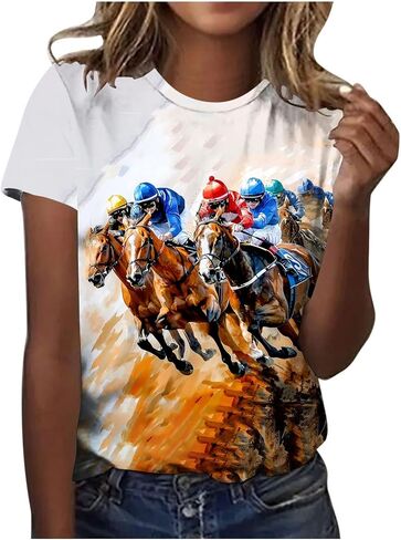 Women Horse Racing Tops Short Sleeve Vintage Shirts Summer Funny Graphic Tees Summer Blouses Holiday Workout Clothes in Saudi Arabia