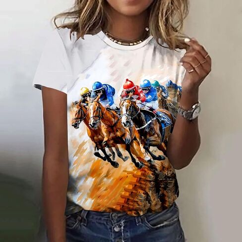 Women Horse Racing Tops Short Sleeve Vintage Shirts Summer Funny Graphic Tees Summer Blouses Holiday Workout Clothes in Saudi Arabia