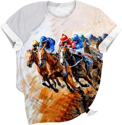 Women Horse Racing Tops Short Sleeve Vintage Shirts Summer Funny Graphic Tees Summer Blouses Holiday Workout Clothes in Saudi Arabia