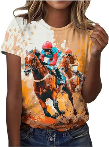 Women Horse Racing Tops Short Sleeve Vintage Shirts Summer Funny Graphic Tees Summer Blouses Holiday Workout Clothes in Saudi Arabia