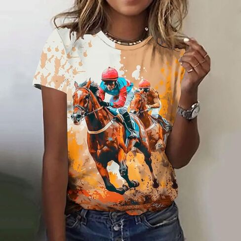 Women Horse Racing Tops Short Sleeve Vintage Shirts Summer Funny Graphic Tees Summer Blouses Holiday Workout Clothes in Saudi Arabia