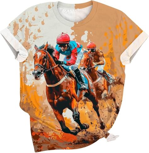 Women Horse Racing Tops Short Sleeve Vintage Shirts Summer Funny Graphic Tees Summer Blouses Holiday Workout Clothes in Saudi Arabia