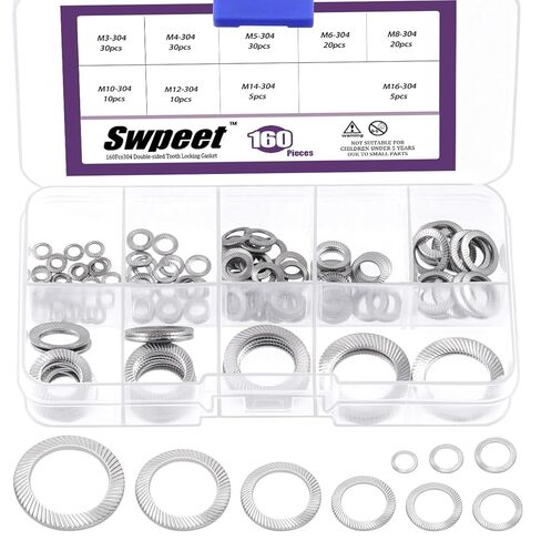 SWPEET 160pcs 9 حجم M3 M4 M5 M6 M8 M10 M12 M14 M16 304 Stainsal Steel Double Side Lock Lock Kit ، حشية غسالة قفل الأسنان ، غسالة قفل زنبركية مسطحة ، غسالة مزدوجة مسننة. in Kuwait