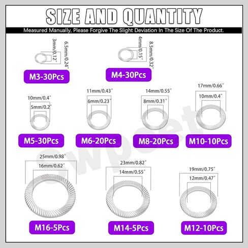 SWPEET 160pcs 9 حجم M3 M4 M5 M6 M8 M10 M12 M14 M16 304 Stainsal Steel Double Side Lock Lock Kit ، حشية غسالة قفل الأسنان ، غسالة قفل زنبركية مسطحة ، غسالة مزدوجة مسننة. in Kuwait