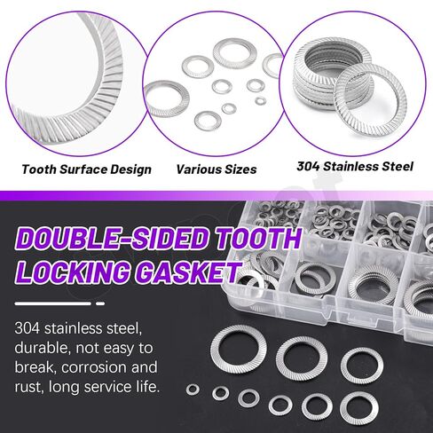 SWPEET 160pcs 9 حجم M3 M4 M5 M6 M8 M10 M12 M14 M16 304 Stainsal Steel Double Side Lock Lock Kit ، حشية غسالة قفل الأسنان ، غسالة قفل زنبركية مسطحة ، غسالة مزدوجة مسننة. in Kuwait