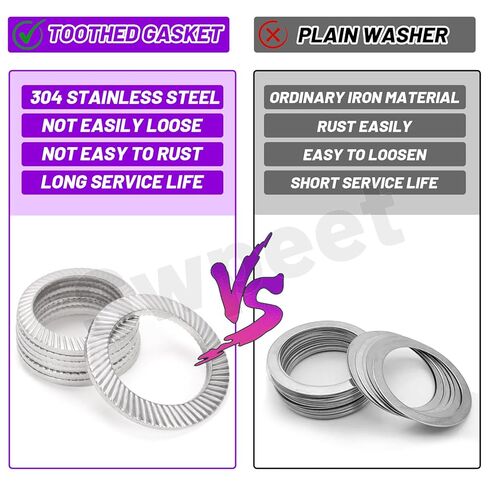 SWPEET 160pcs 9 حجم M3 M4 M5 M6 M8 M10 M12 M14 M16 304 Stainsal Steel Double Side Lock Lock Kit ، حشية غسالة قفل الأسنان ، غسالة قفل زنبركية مسطحة ، غسالة مزدوجة مسننة. in Kuwait