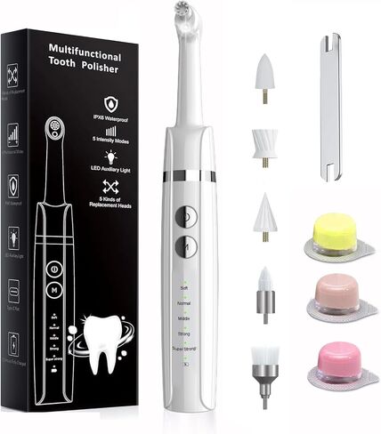 Tooth Polisher, Rechargeable Dental Polisher with 3 Tooth Polish Paste & 5 Brush Heads, Tooth Whitening Kit for Teeth Cleaning, LED Light, 5 Speed Modes, Black (Adult Size, Black) in Saudi Arabia