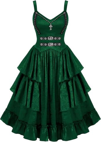 Rosegal Womens Plus Size Victorian Gothic Jacquard Grommets Buckle Cross Layered Sleeveless Midi Dress in Kuwait