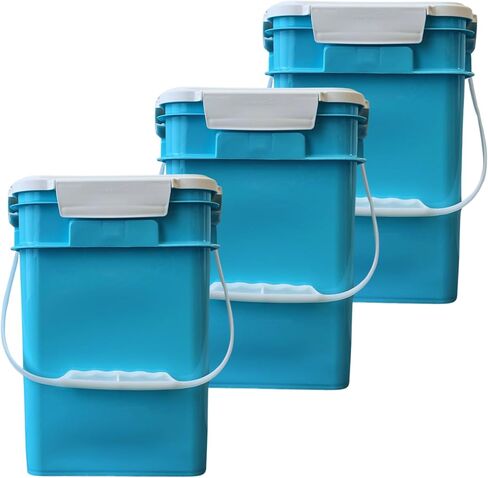 House Naturals 4 Gallon Square Food Grade Bucket Pail with Plastic Handles and Lid (Pack of 3) Made in USA containers (Aqua-White lids) in Kuwait