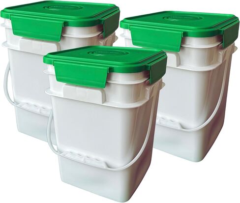 House Naturals 4 Gallon Square Food Grade Bucket Pail with Plastic Handles and Lid (Pack of 3) Made in USA containers (Aqua-White lids) in Kuwait