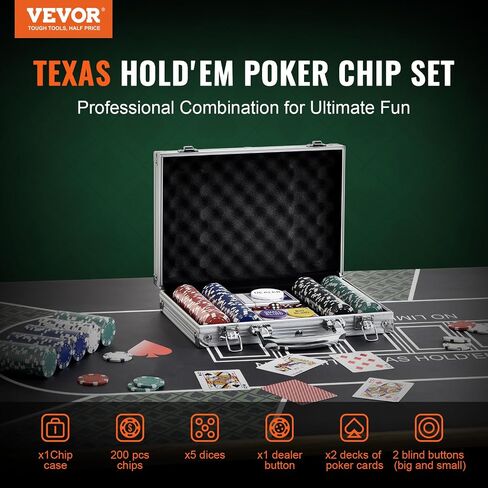 VEVOR Poker Chip Set, 200-Piece Poker Set, Complete Poker Playing Game Set with Aluminum Carrying Case, 11.5 Gram Casino Chips, Cards, Buttons and Dices, for Texas Hold'em, Blackjack, Gambling in Saudi Arabia