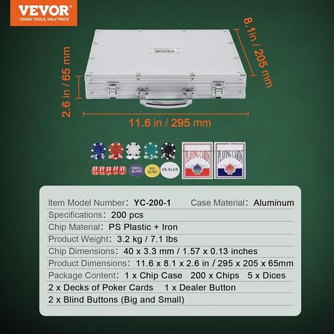 VEVOR Poker Chip Set, 200-Piece Poker Set, Complete Poker Playing Game Set with Aluminum Carrying Case, 11.5 Gram Casino Chips, Cards, Buttons and Dices, for Texas Hold'em, Blackjack, Gambling in Saudi Arabia