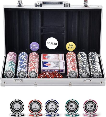 VEVOR Poker Chip Set, 200-Piece Poker Set, Complete Poker Playing Game Set with Aluminum Carrying Case, 11.5 Gram Casino Chips, Cards, Buttons and Dices, for Texas Hold'em, Blackjack, Gambling in Saudi Arabia