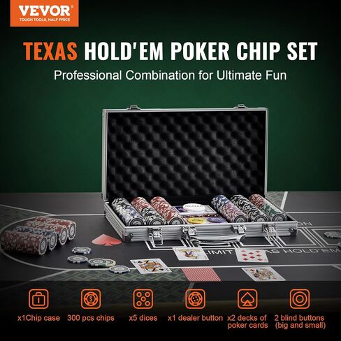 VEVOR Poker Chip Set, 200-Piece Poker Set, Complete Poker Playing Game Set with Aluminum Carrying Case, 11.5 Gram Casino Chips, Cards, Buttons and Dices, for Texas Hold'em, Blackjack, Gambling in Saudi Arabia