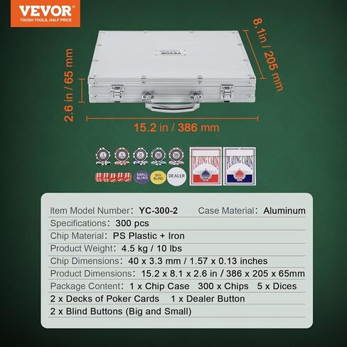 VEVOR Poker Chip Set, 200-Piece Poker Set, Complete Poker Playing Game Set with Aluminum Carrying Case, 11.5 Gram Casino Chips, Cards, Buttons and Dices, for Texas Hold'em, Blackjack, Gambling in Saudi Arabia