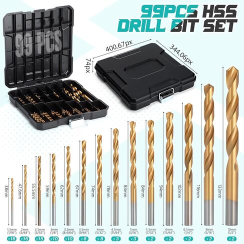 Hicarer 99 Pcs Drill Bit Set HSS Titanium Micro Drill Bits, 135° Tip High Speed Steel Twist Bit Kit for Wood, Metal, Steel, Plastic, Aluminum Alloy with Hard Storage Indexed Box (1/64''-25/64'') in Saudi Arabia