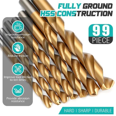 Hicarer 99 Pcs Drill Bit Set HSS Titanium Micro Drill Bits, 135° Tip High Speed Steel Twist Bit Kit for Wood, Metal, Steel, Plastic, Aluminum Alloy with Hard Storage Indexed Box (1/64''-25/64'') in Saudi Arabia