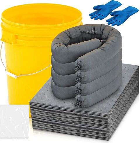 41 Pcs Universal Spill Kit Portable Complete 9-Gallon Spill Kit, Absorbs Oils Water and More, Yellow Bucket, 30 Absorbent Pads, 4 Pcs 3" x 4' Sorbent Socks, 5 Disposal Bags, PVC Gloves in Kuwait