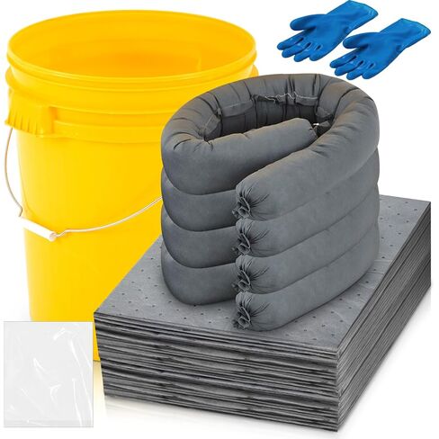 41 Pcs Universal Spill Kit Portable Complete 9-Gallon Spill Kit, Absorbs Oils Water and More, Yellow Bucket, 30 Absorbent Pads, 4 Pcs 3" x 4' Sorbent Socks, 5 Disposal Bags, PVC Gloves in Kuwait
