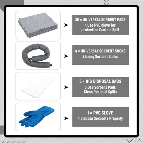 41 Pcs Universal Spill Kit Portable Complete 9-Gallon Spill Kit, Absorbs Oils Water and More, Yellow Bucket, 30 Absorbent Pads, 4 Pcs 3" x 4' Sorbent Socks, 5 Disposal Bags, PVC Gloves in Kuwait