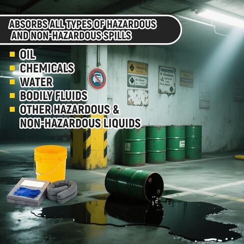 41 Pcs Universal Spill Kit Portable Complete 9-Gallon Spill Kit, Absorbs Oils Water and More, Yellow Bucket, 30 Absorbent Pads, 4 Pcs 3" x 4' Sorbent Socks, 5 Disposal Bags, PVC Gloves in Kuwait