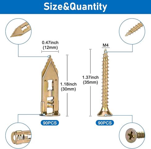 90 PCS مرساة دريوال الحفر ذاتية مع طقم مسامير ، فولاذ مطلي بالزنك ، تطبيق سهل لا تمرينات أو ثقوب في الجدار ، 45 مرساة و 45 مسامير in Kuwait
