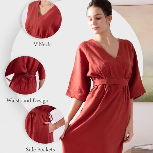 Simple&Opulence Women’s Summer Dresses 100% Linen Beach Sundress Nightgown Long Casual Lounge Sleep Dress with Pockets in Kuwait