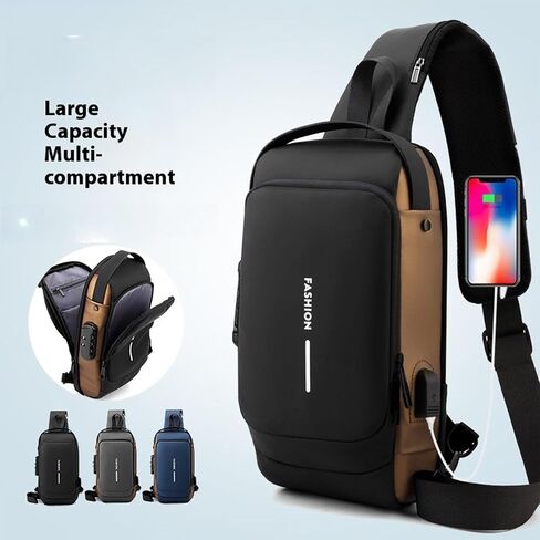 New Carbon Fiber Streamline Anti-Theft Sling Bag, USB Charging Sport Sling Sport Waterproof Anti Theft Shoulder Bag (Gold) in Saudi Arabia