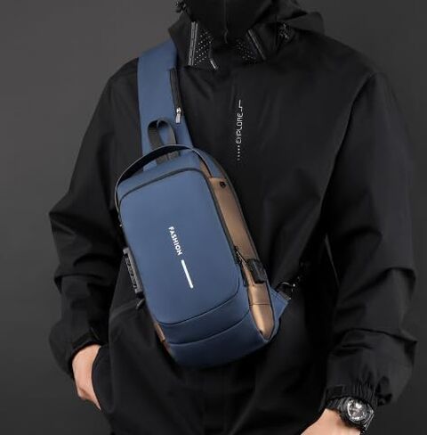 New Carbon Fiber Streamline Anti-Theft Sling Bag, USB Charging Sport Sling Sport Waterproof Anti Theft Shoulder Bag (Gold) in Saudi Arabia