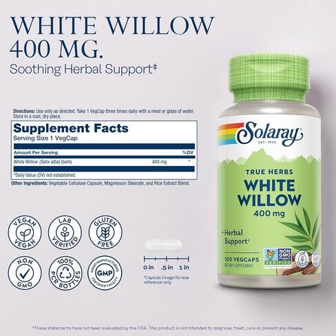 Solaray White Willow 400mg - كبسولات اللحاء البيضاء من الصفصاف - الدعم العشبي المهدئ للعافية والراحة مع الجليكوسيدات التي تحدث بشكل طبيعي - نباتي ، غير محلي ، ضمان 60 يومًا ، 100 سير ، 100 Vegcaps in Saudi Arabia