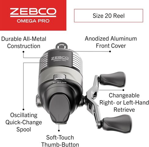 Zebco Omega Pro Spincast Fishing Reel, Dual Ceramic Pick-up Pins, Solid-Brass Pinion Gear, GlideLine ll Line Retrieval System, Pre-Spooled, Black in Kuwait
